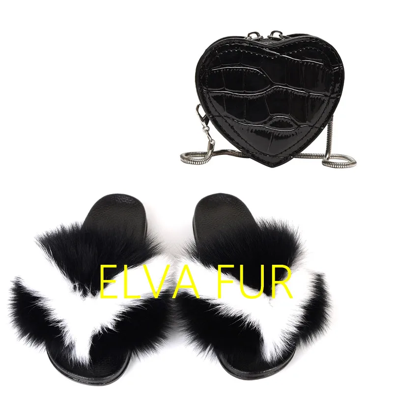 

2020 ELVA Fluffy Real Fox Hair Flip-Flops Fur Sandals Ladies Rainbow Slides Women Fur Slippers Crossbody Bag Set, Colours