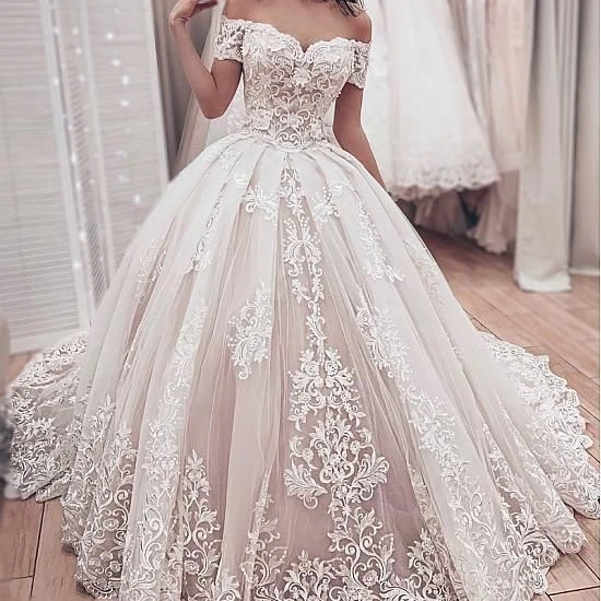 

FA159 Gorgeous Lace Ball Gown Wedding Dresses 2020 Sweetheart Off The Shoulder Appliques Lace Up Back Muslim Bride Wedding Gowns, Default or custom