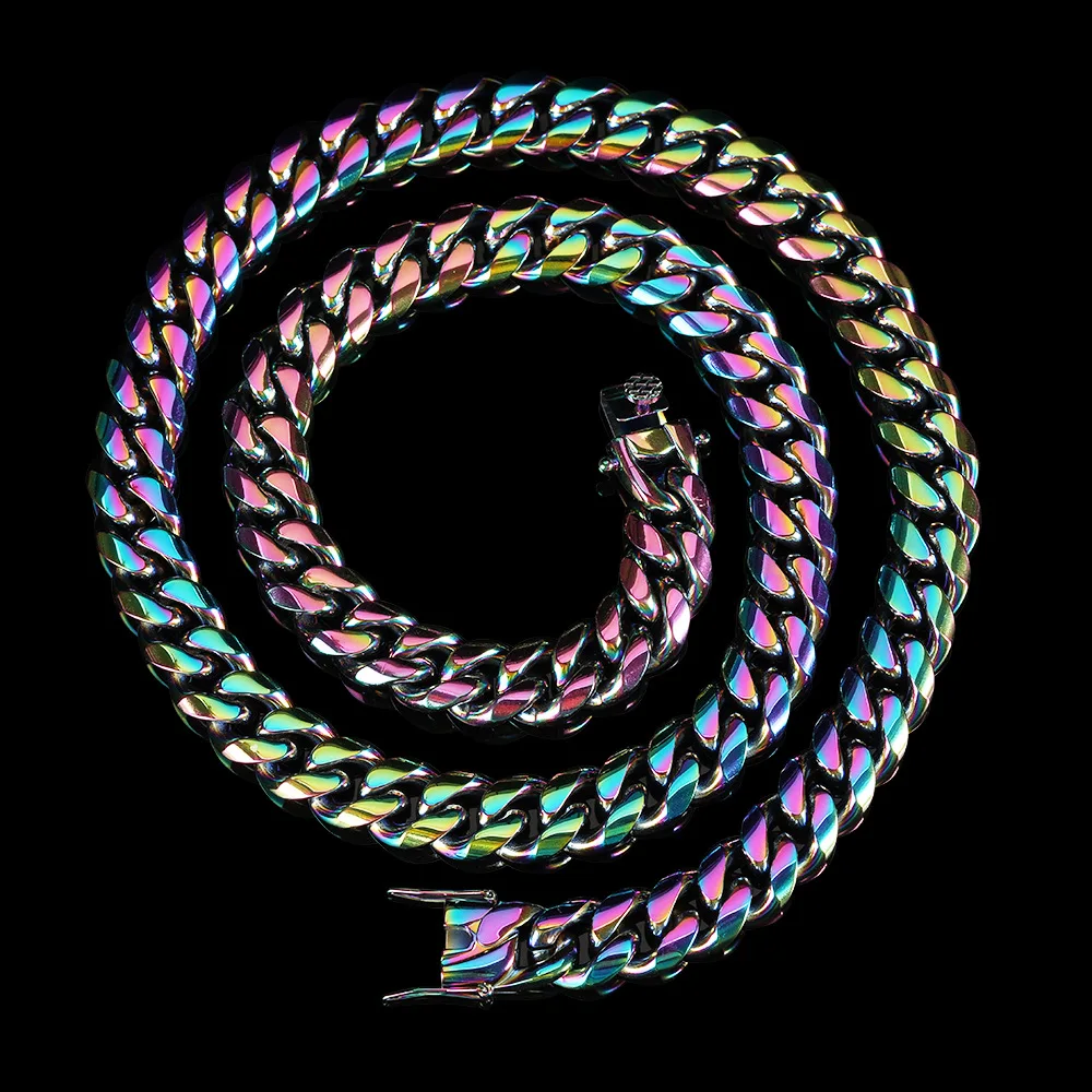 

Hip Hop Jewelry 10MM Rainbow Multi Color Miami Cuban Link Chain Stainless Steel Cuban Link Necklace Men