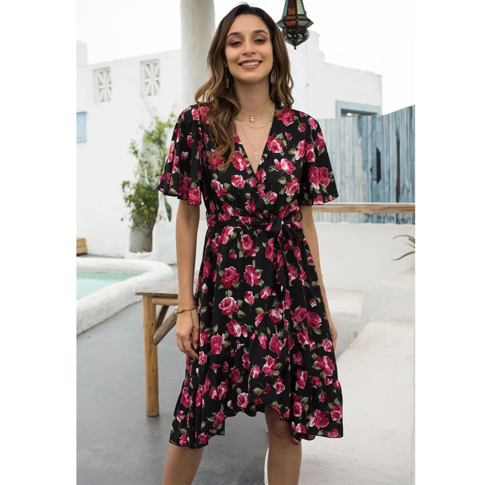 

Drop Shipping New Arrivals Fashion Floral Pajama Casual Dresses Women Sexy V Neck Short Sleeve Summer Dress Clothes Wholesale