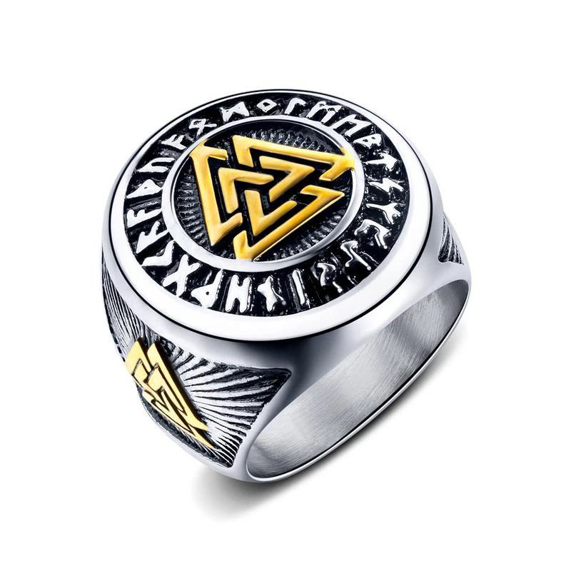 

Classic Retro Viking Odin Triangle Men's Ring Personality Charm Hip Hop Punk Titanium Steel Ring (SK773), As picture