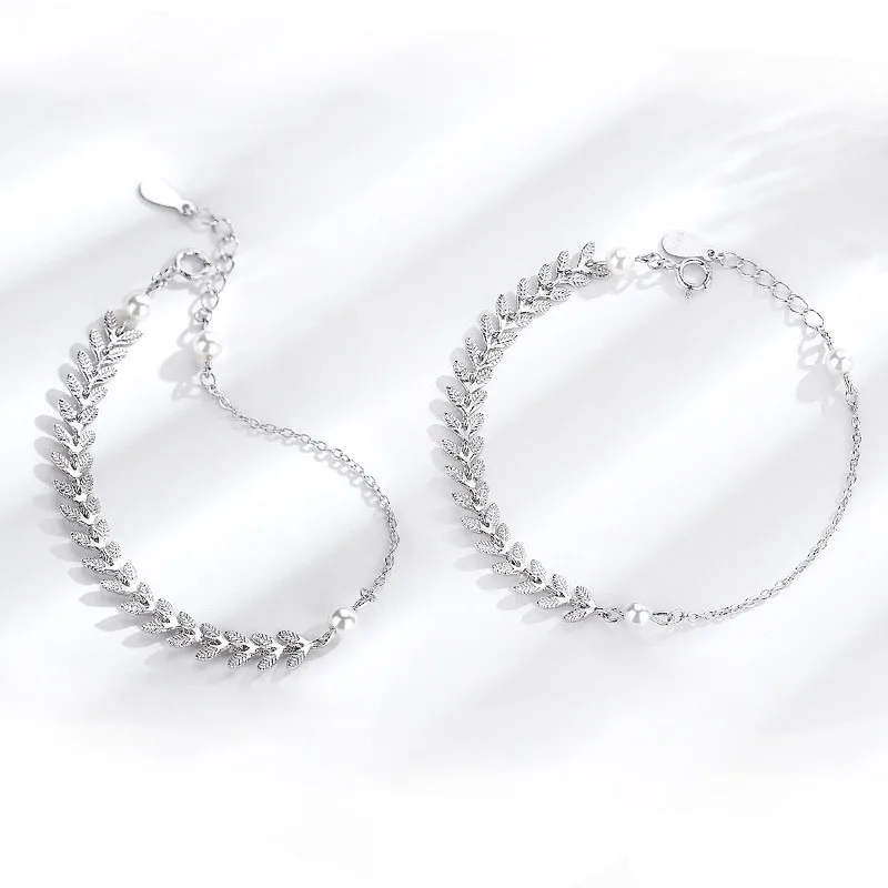 Real 925 Sterling Silver Fashion Leaf Synthetic Pearl Charm Bracelet for Women Wedding Party Fine Jewelry