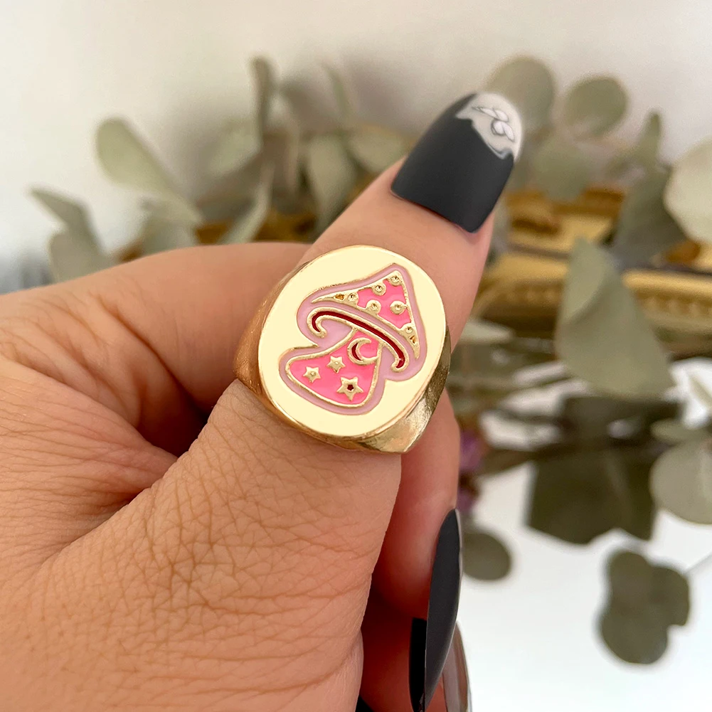 

Fashion Lovely Y2k Women's Jewelry Pink Gold-plated Enamel Signet Mushroom Chunky Ring, Mixed color
