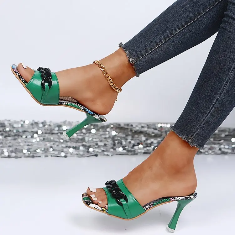 

Metallic-girls court heels women shoes snakeskin print detail open toe lady slipper sandals chain buckle mules for summer