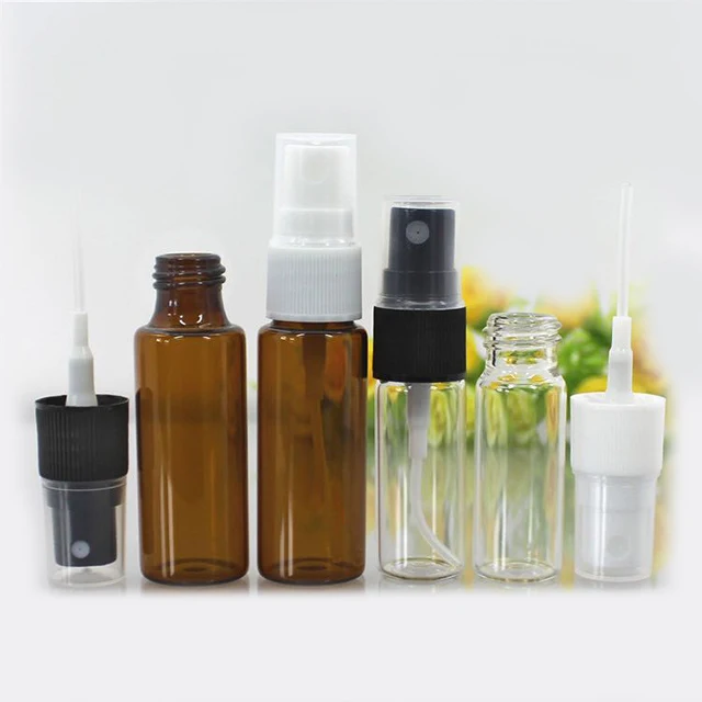 Hengjian 5ml 10ml 15ml 20ml Transparent Amber Glass Cosmetic Perfume Spray Bottle With White Black Sprayer Pump And Clear Cap