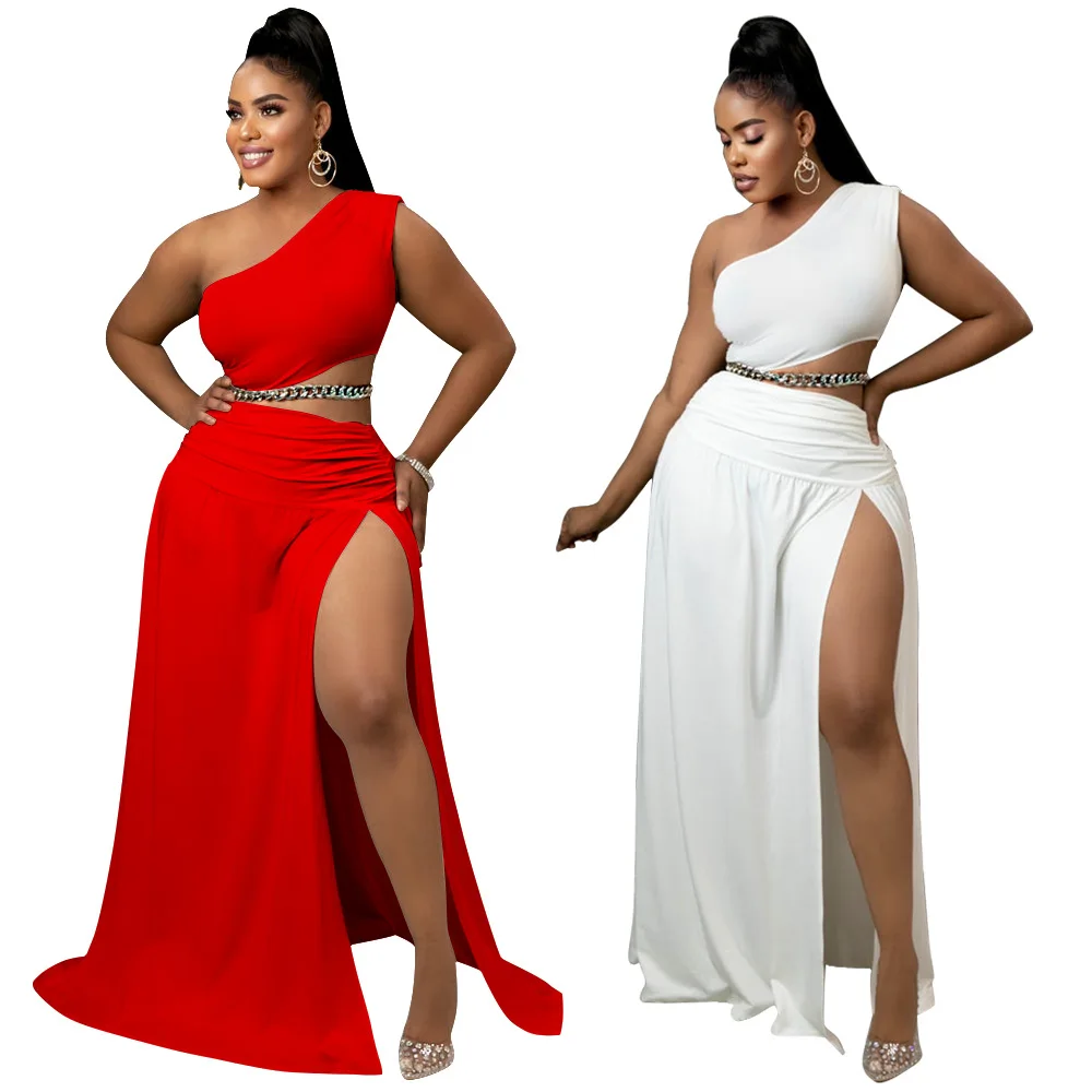 

New Solid Plus Size One Shoulder Strapless Sexy Tops 2 Piece Set Women Summer Slit Temperament Long Skirt Ladies Skirt Suits, White,red