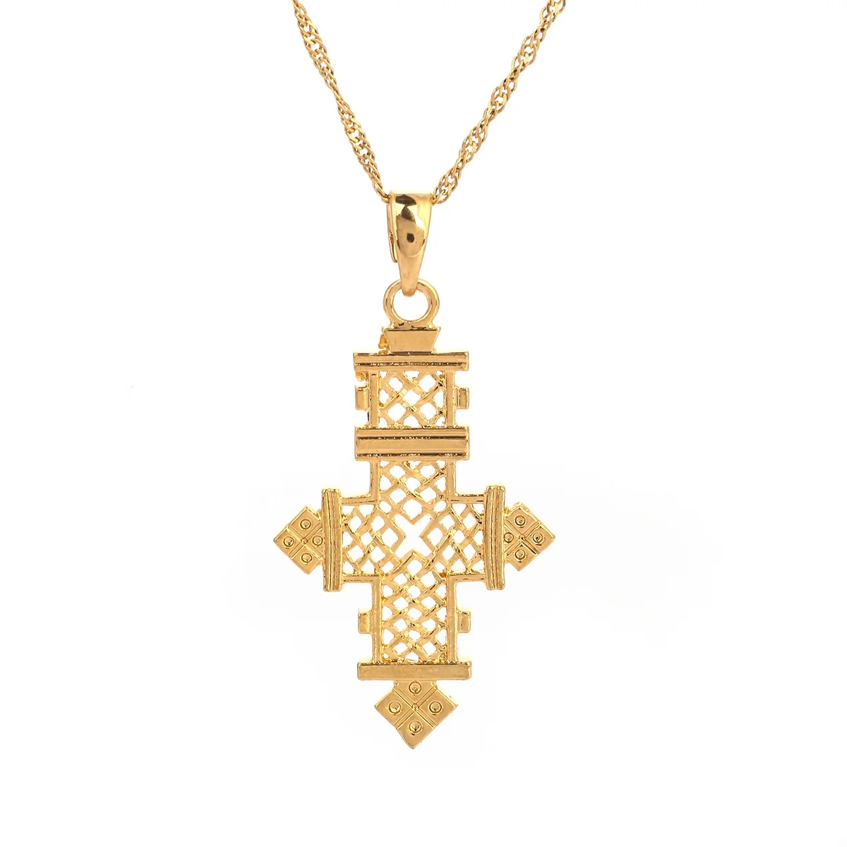 

24K Gold Color African Cross Pendant Necklace Ethiopian Best Women Charm Jewelry Gifts
