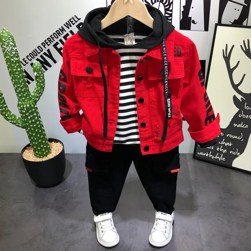 

Latest spring autumn new fashion kids cool stripe fleece dungarees set dress red children boys student school denim jacket