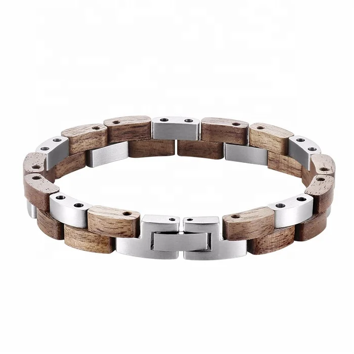 

Luxury Charm Metal Stainless Steel Men Walnut Wood Bangle Bracelet Homme