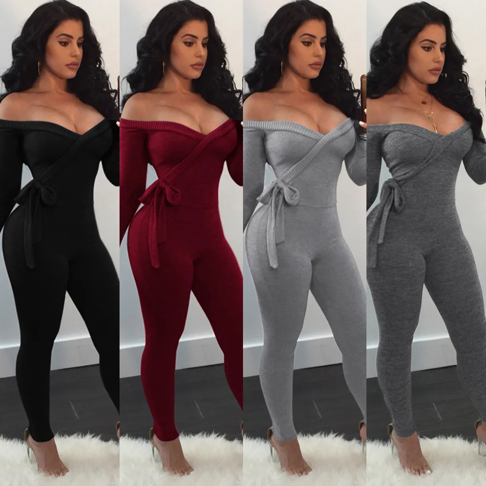 

F6307women casual solid knit off shoulder long sleeve bandage jumpsuit
