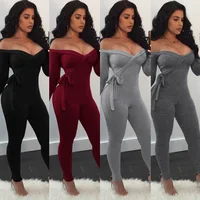

FC06 women casual solid knit off shoulder long sleeve bandage jumpsuit