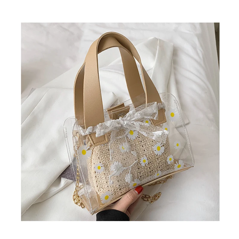 

INS Style Daisy Printing Clear PVC Hand Bag for Women Ladies Fashion Bow 2 in 1 Sling Shoulder Bag Cute Young Girls Tote Hnadbag