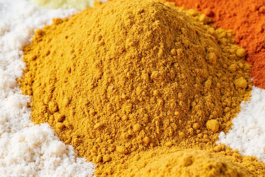 Tray of curry spices including turmeric, cumin, and chili powder