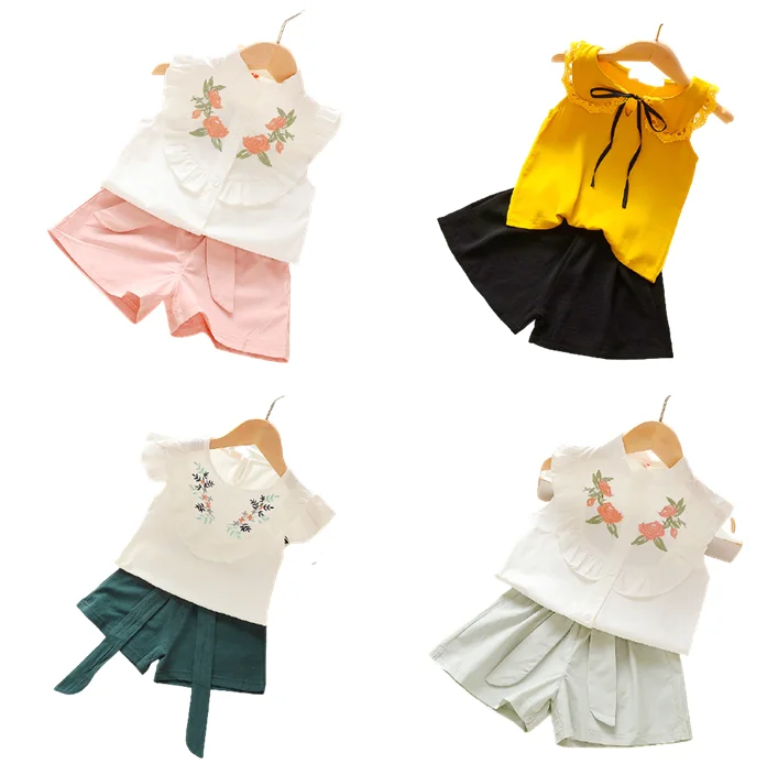 

2020 Summer fashion flower bow lace fly sleeve top shorts kids girls dress baby cotton clothes for wholesale, As pic shows, we can according to your request also