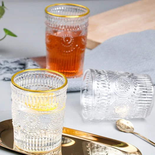 

Gold Rim Retro Sun Flower Embossed Water Cup Milk Juice Cold Drink Vintage Drinking Glass Cups, Transparent support oem odm service