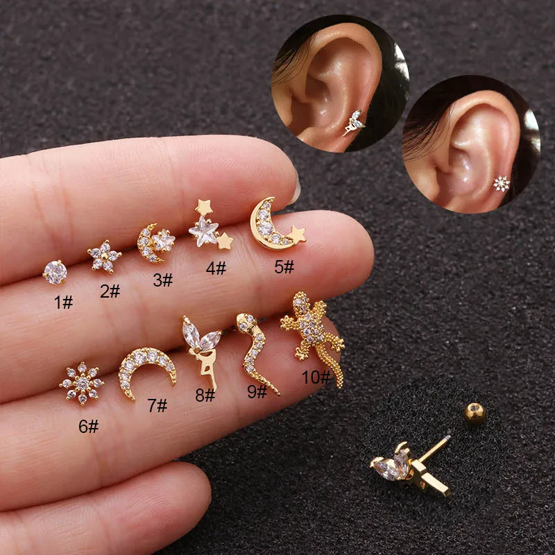 

2021 Wholesale designer inspired women gold filled candy funny cz star moon snake stud earrings stainless steel kids girl