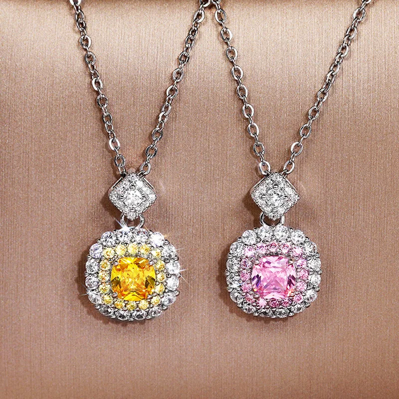 

Luxury Jewelry Pink Yellow Crystal Rhinestone Wedding Necklace Geometric Square Cubic Zirconia Necklace for Bridal