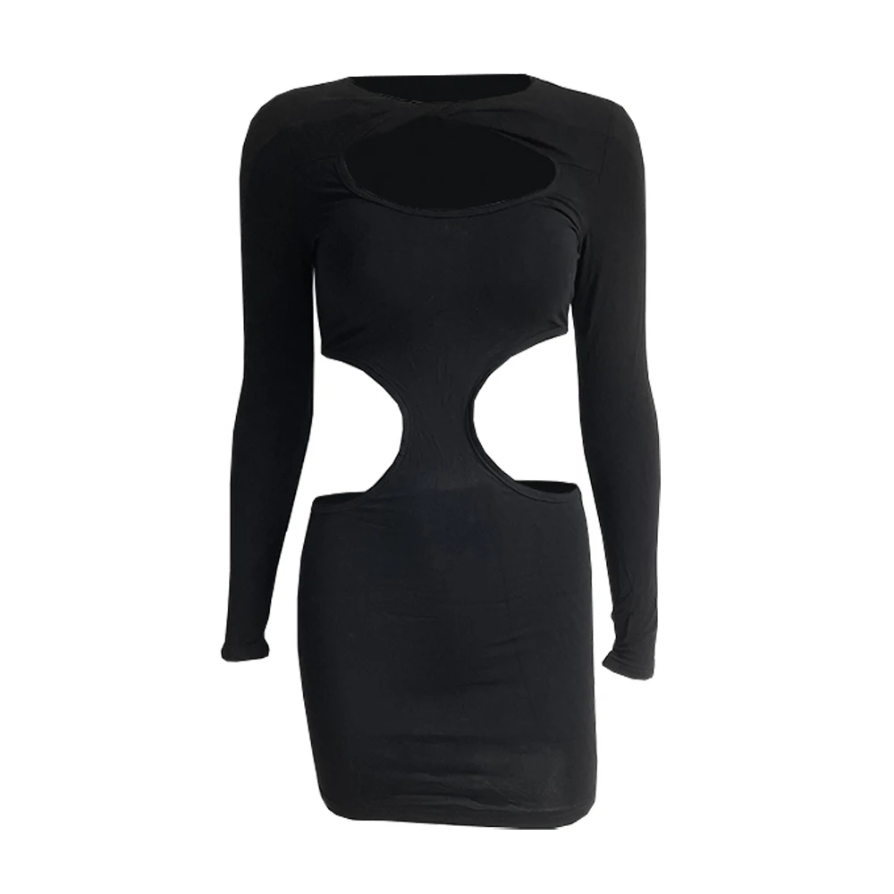 

6002 Women Club Dresses Casual Black Long Sleeve Hollow Out Sexy Party Clue Bodycon Evening Mini dress Female Dress