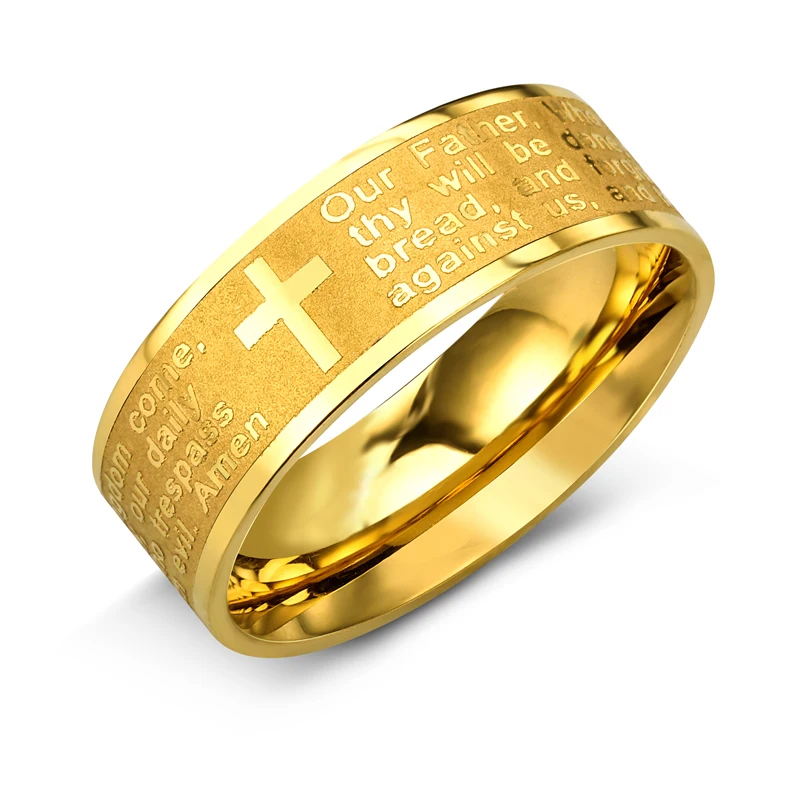 

New Hip Hop Jewelry Round Dainty Chunky Rings Engraved Cross Men Stainless Steel Gold Plated Party Ring, Colorful