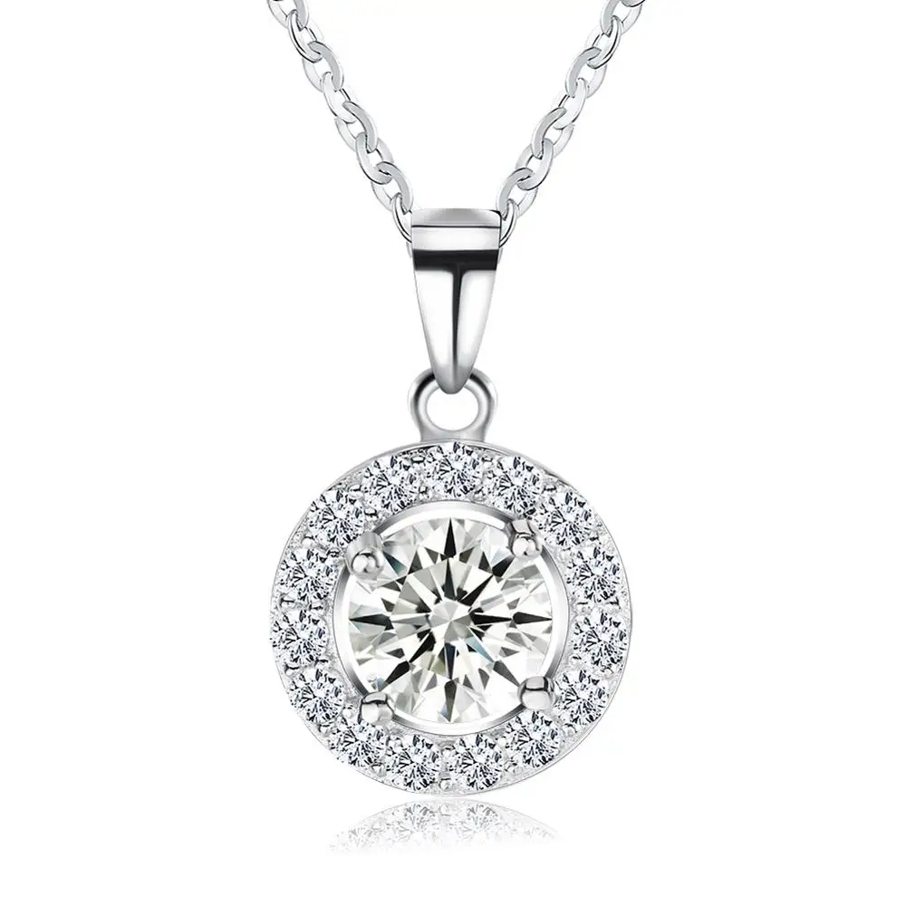 

Best Selling Elegant Jewelry Custom Women Cable Chain ZIRCON Round Romantic 925 Sterling Silver Jewelry Pendant Necklace, White