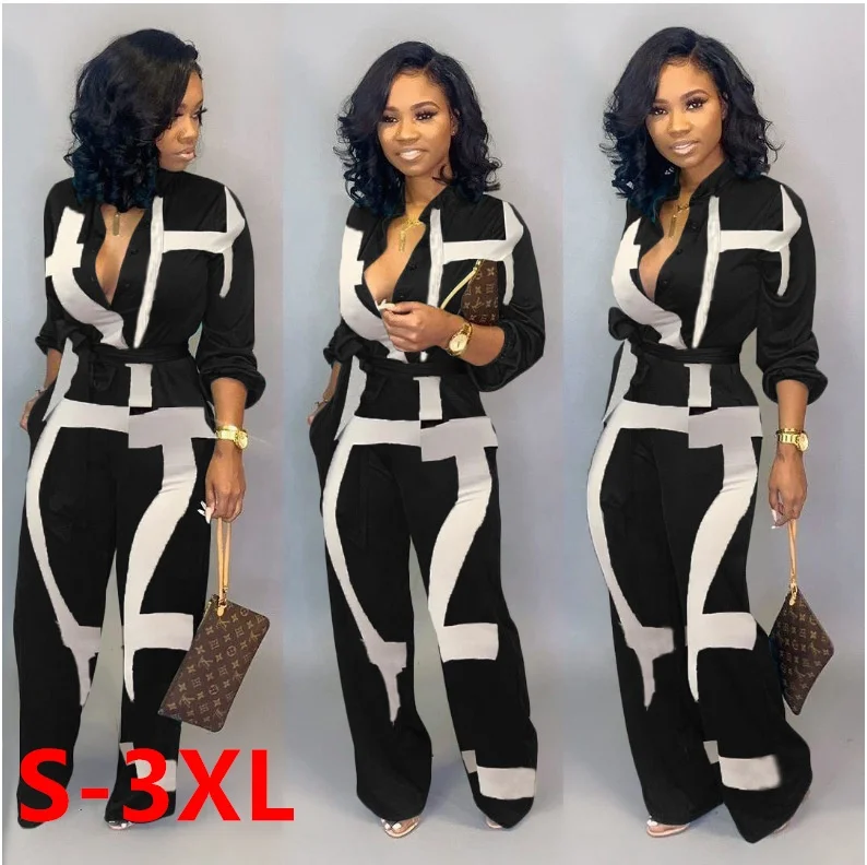 

2021 hot sale women's elegant jumpsuits v neck long sleeve ladies belt button printed high waist plus size jumpsuit for women, Customized color