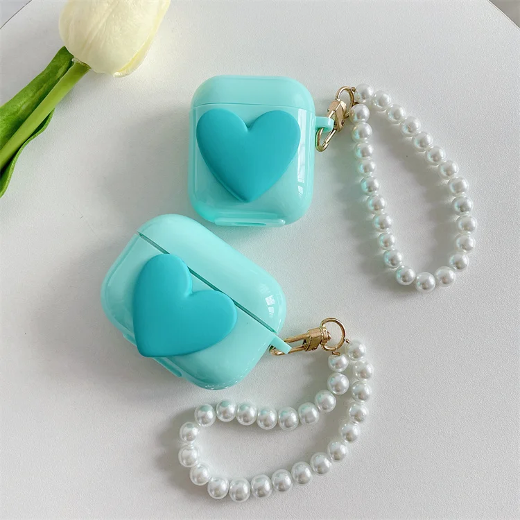

New Luxury Cute Girl Heart Love Case Soft TPU Case Clear Blue with Pearl Bracelet for Airpods 1 2 and Pro for Air pods 1 2 3 Pro