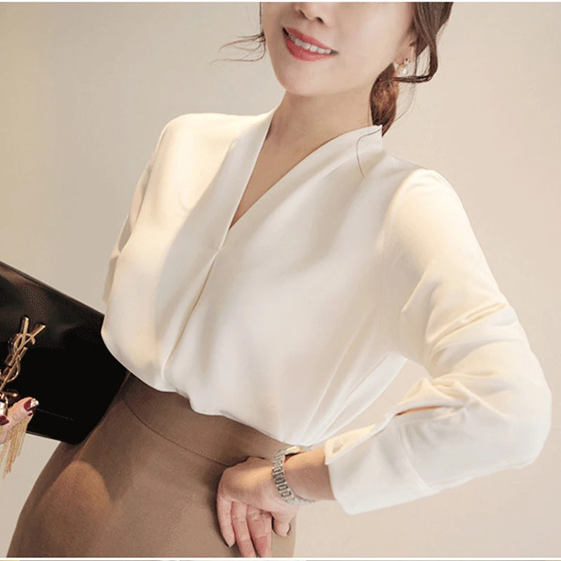 

Women Shirts Long Sleeve Solid White Chiffon Office Blouse Clothes Tops 2021