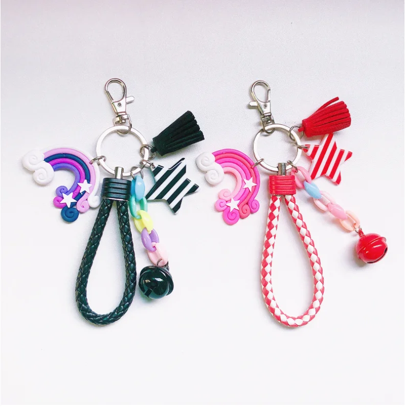 

2021 Lovely Cute Rainbow Key Chain Leather Strap Braided Rope Tassel Keychain for Women Girl Bell Star Lollipop Bag key chains