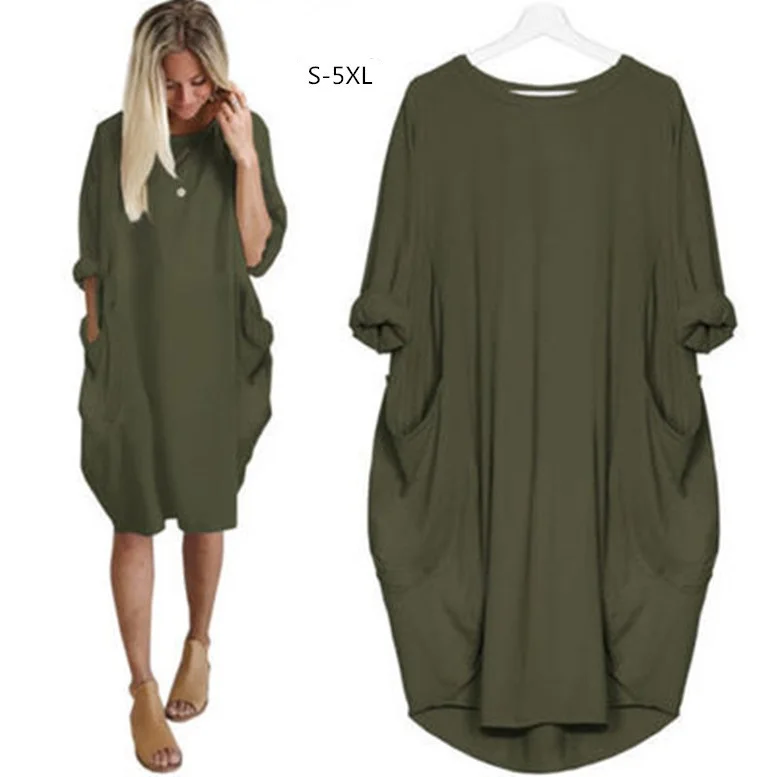 

Women Spring Casual Dresses Cheap Clothing Plus Size Shirts Casual Loose Pocket Long Sleeve Plus-Size Fat Sister Dress, Customized colors accept