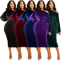 

Women'S Solid Colour One Shoulder Puff sleeve velvet Sheath Slim Dress Midi Partywear Clubwear 2019 Autumn Style