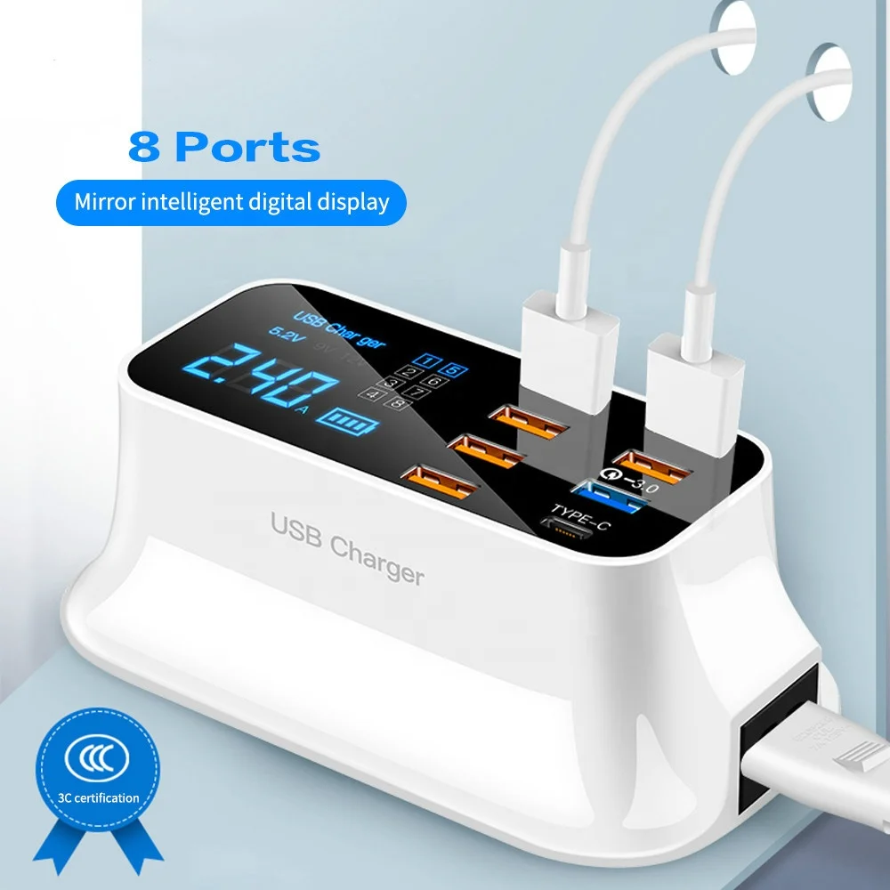 

8 Ports 40W PD 3.0 5V 8A Power Socket Multiple Charger Adapter Smart USB Hub Quick Charging, White+black