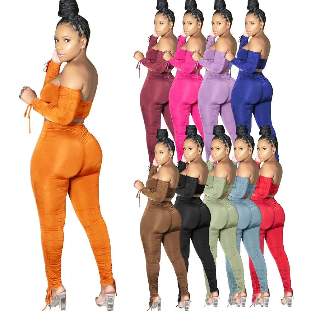 

EB-2082704 Fashionable Autumn Winter Women Solid Off Shoulder Draped Sexy 2 Pcs Outfits Two Piece Set Matching Sets
