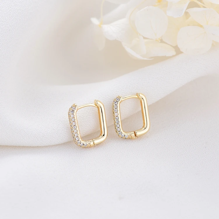 

New Design Multi Sizes 14K Gold Plated Rectangle Shape Inlaid Zircon Hoop Earrings