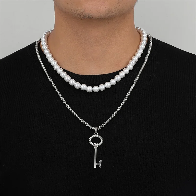 

WeSparking EMO Double Layered Pearl Key Pendant Hip Hop Geometric Charm Necklace Clavicle Chain Fashion Jewelry