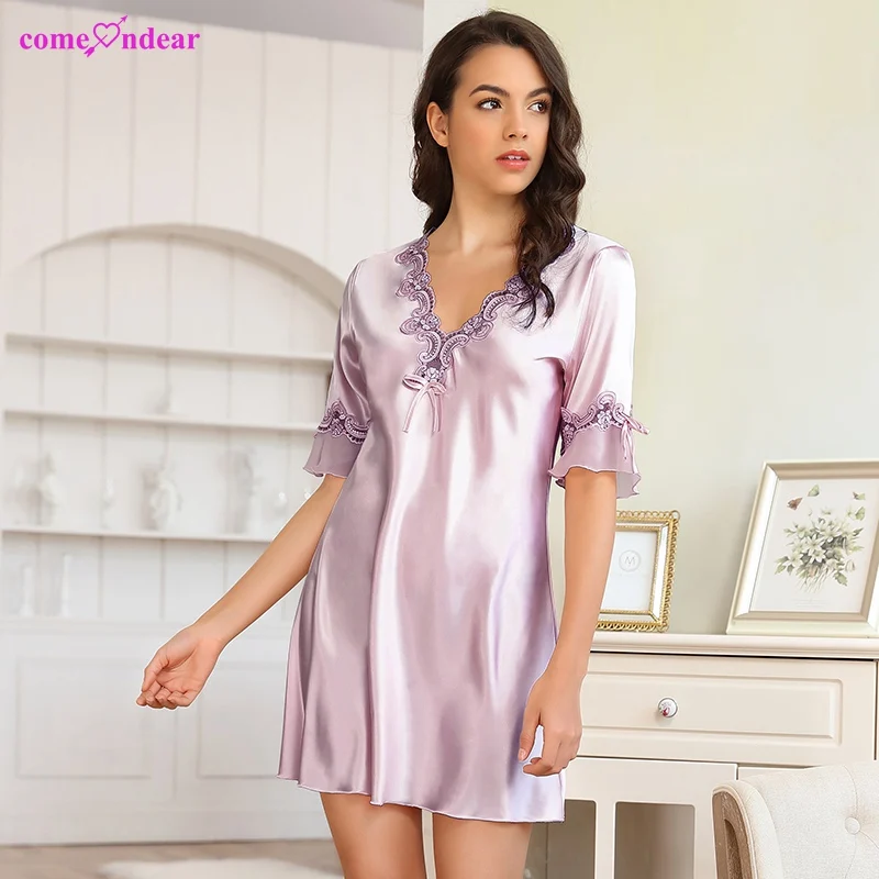 

Simple knee length purple satin sleep wear deep v neck lace large size summer pajamas silk sleepwear