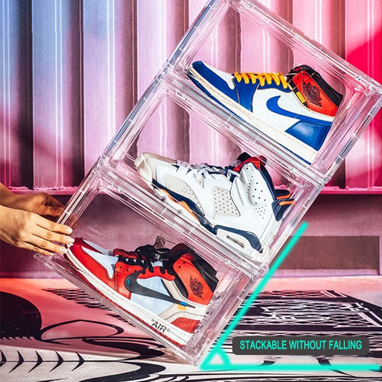 

Transparent Rectangle Foldable shoe display stands Shoe Container Clear White Portable Drop Front Organizer Plastic Shoe Box