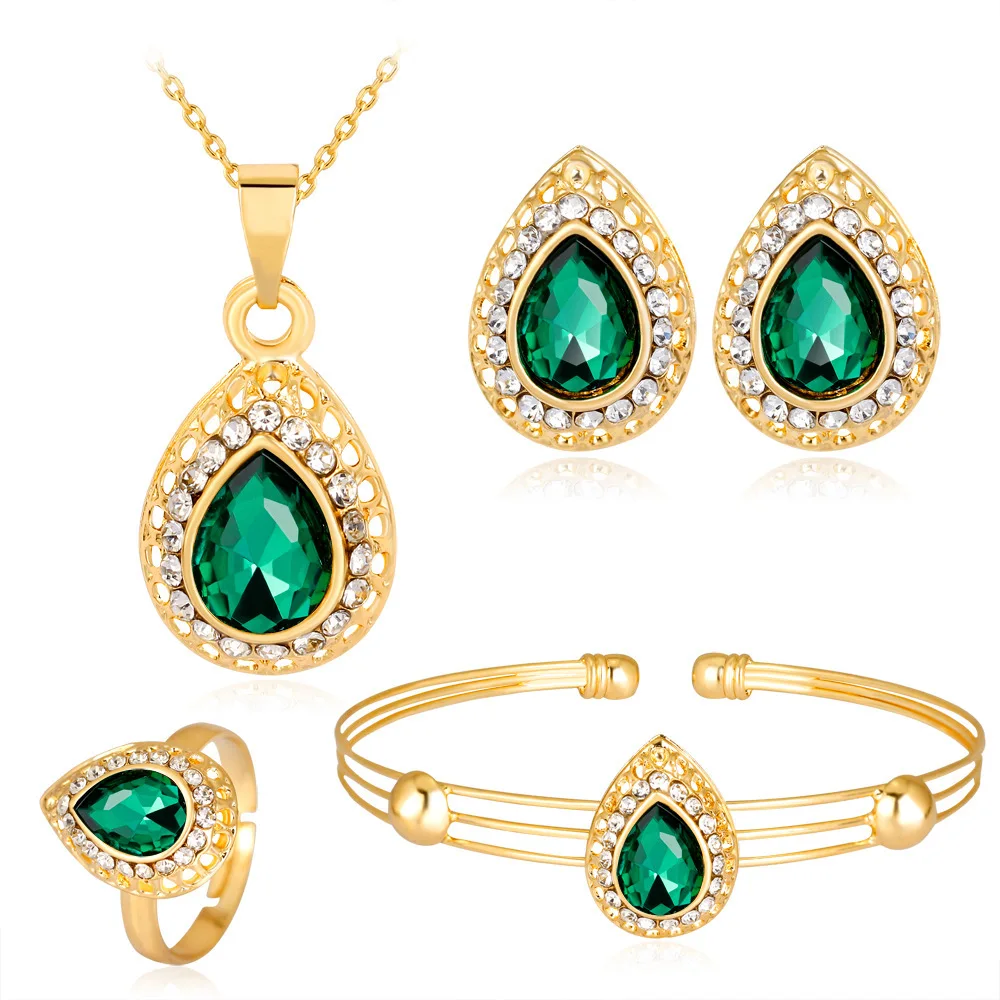 

4Pcs Jewelry Set For Women Trendy Gold Plated Multicolor Waterdrop Crystal Necklace Rings Earrings Bangle Bracelet Set