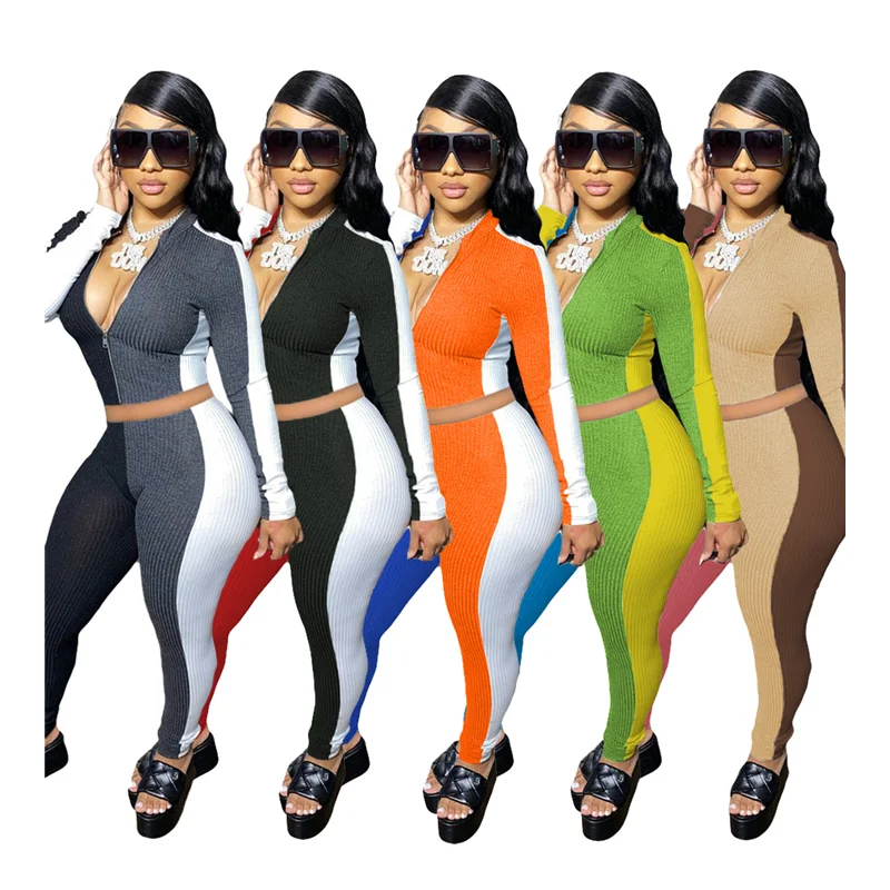 

Sportswear Crop top two piece pants set color patchwork 2 piece lounge pants set sweatsuit woman fall clothes outfits women 2021