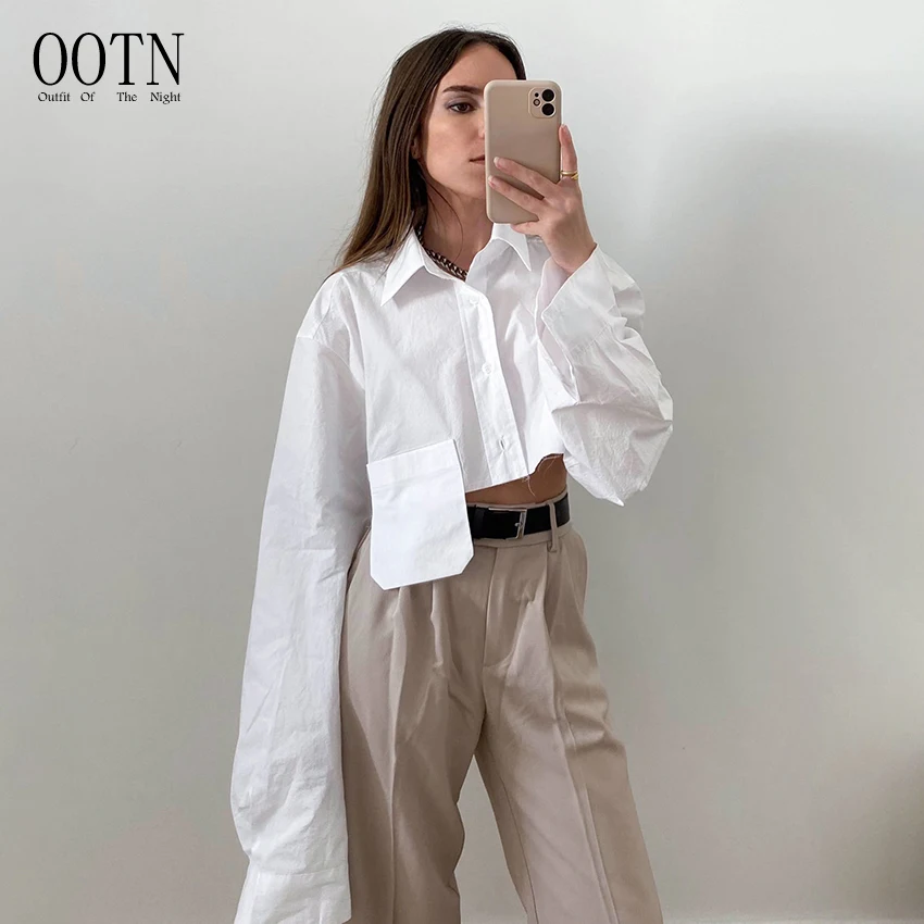 

OOTN Fashion Loose Green Sexy Short Blouses 2022 Women Autumn Long Sleeve Solid Street Crop Tops Casual Patchwork White Shirts