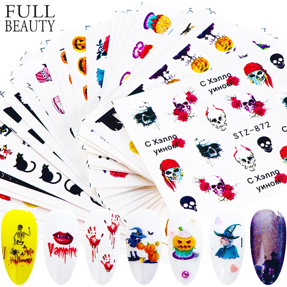 

1pc Halloween Manicure Nail Stickers Art Water Autumn Slider Maple Palms Skull Letter Decals Nail Accessories