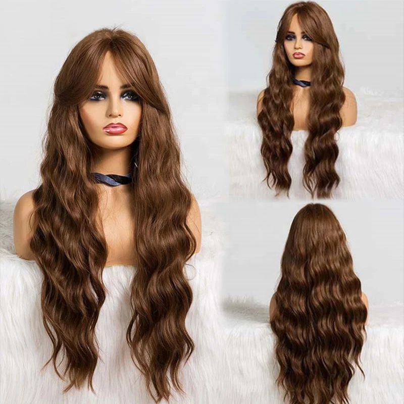 

Wholesale Ombre Brown Wig with Bangs Synthetic Hair Wigs for Women Natural Wavy Long Heat Resistant Synthetic Wigs, Same as the photo