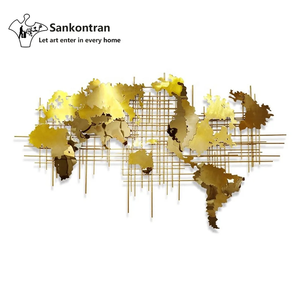 

2020 new design home decoration world map modern flower 3d metal decor wall art, Gold with black