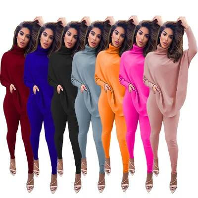 

Fall Women's Sets 2 Pc Outfits Arrivals Trends Turtleneck Bat Sleeve Solid 2 Piece Women Set Clothing Online, Pink,orange,gray,black,rose red