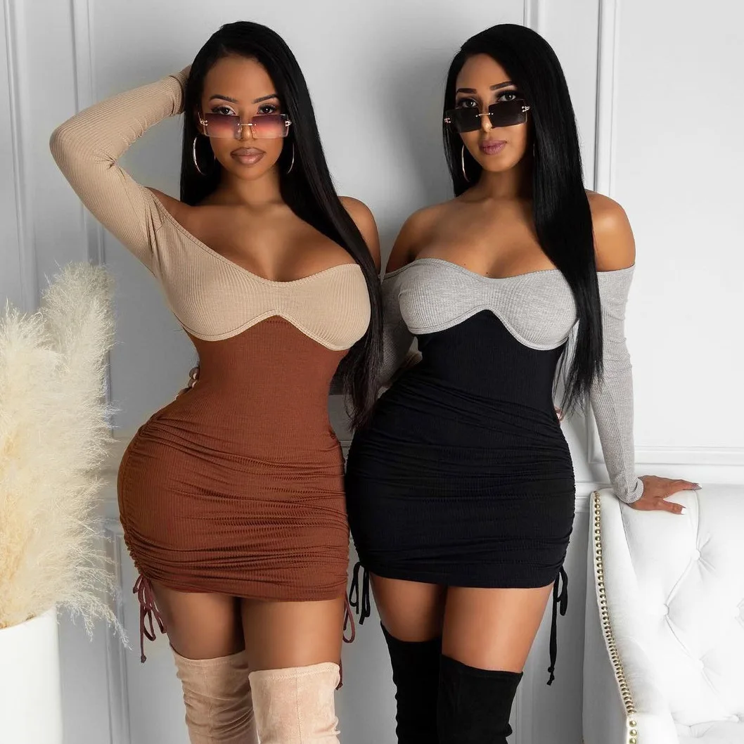 

s809a long sleeves one word shoulder fashion sexy hip wrap slim dress, Orange