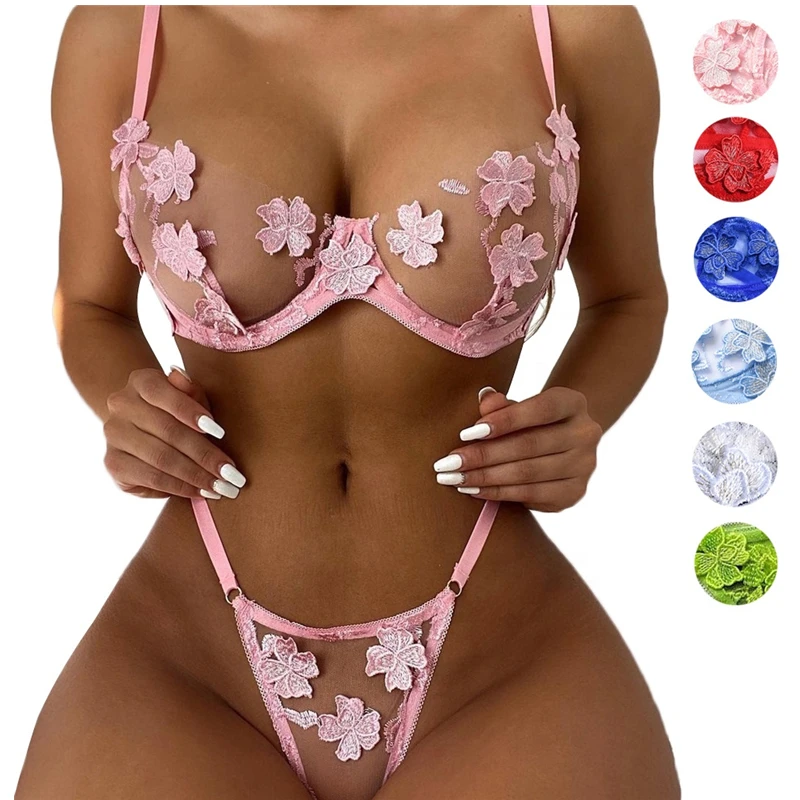 

US 2021 Trendy High Quality Multiple Colors Flower See Through Bridal Pink Bra and Panty Lace Embroidery Sexy Lingerie Set, Picture shown bra & panty sets or customize