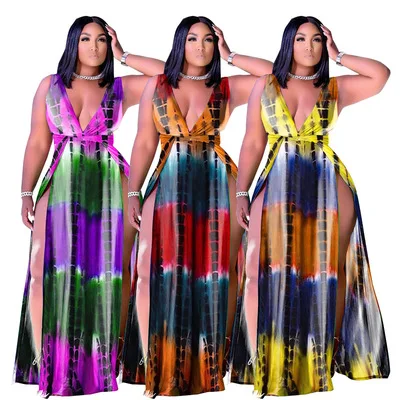 

2021 New Summer Plus Size  Women Sexy Deep V-Neck Print Casual Dress Ladies Sleeveless Bandage Dress Women's Maxi Dress