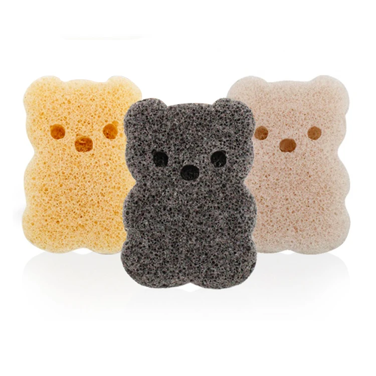 

100% Natural Charcoal Konjac Sponge Cute Bear Shape Kids Facial Sponge Baby Konjac Sponge for Infants Toddlers Showering, Black yellow beige