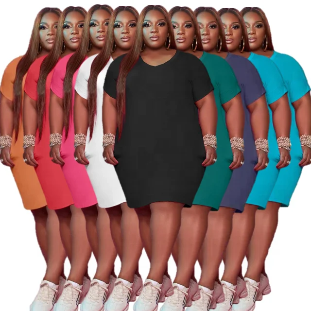 

9 colors V neck plus size Pure color high stretch T-shirt skirt female dress Base outfits dress women casual dresses summer