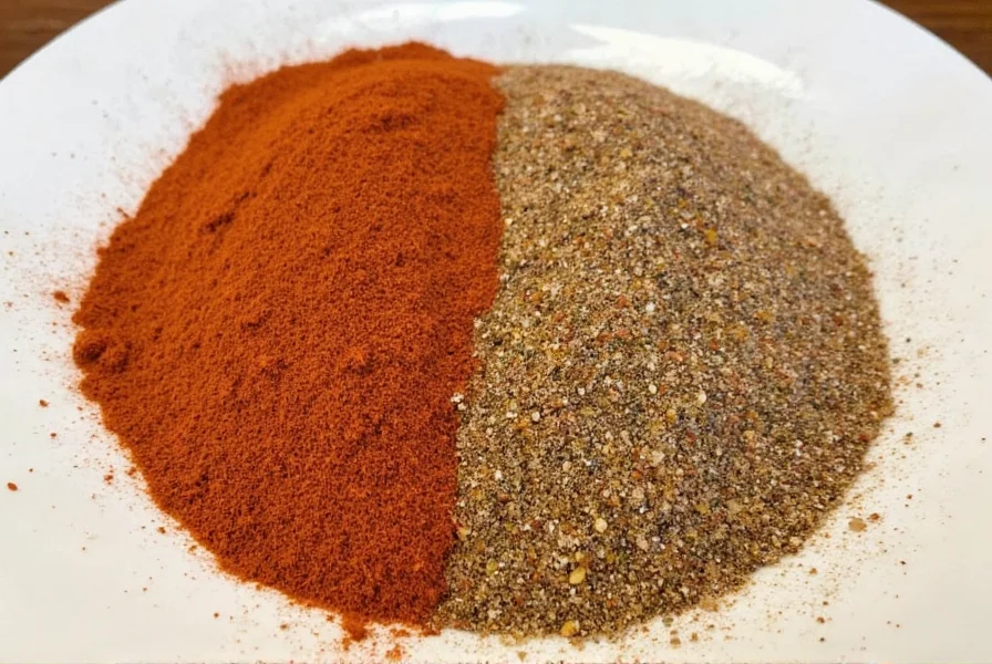 Creole and Cajun seasoning bottles side by side on a wooden surface