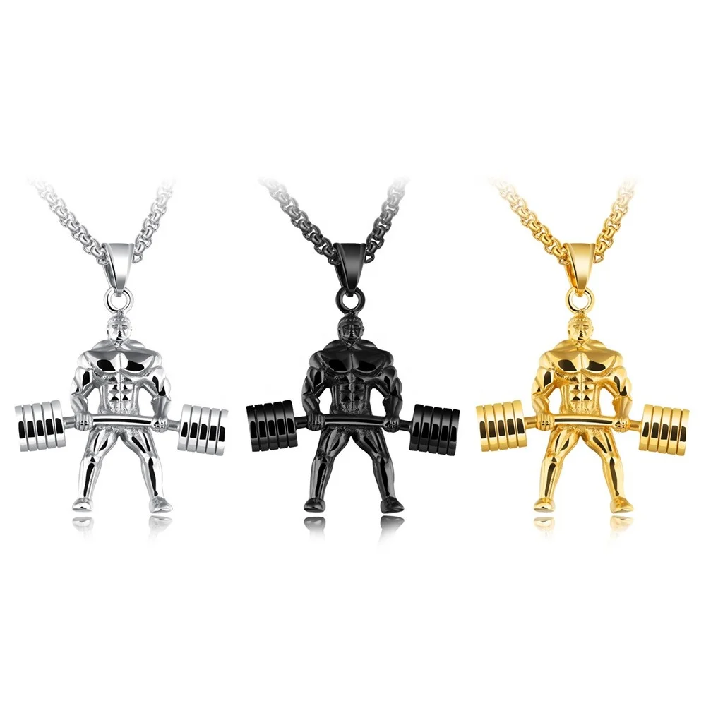 

Creative Dumbbell Gym Custom Steel Hiphop Chain Fitness Jewelry Dumbbell Pendant, Gold, silver,black,customized color